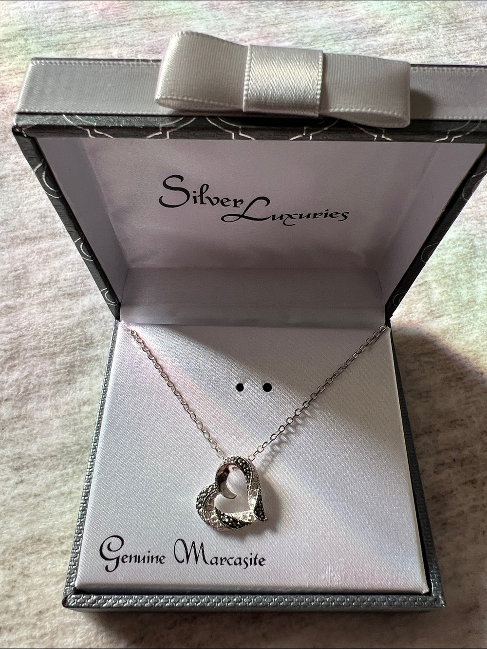 Silver Marcasite Heart Pendant Necklace - Silver